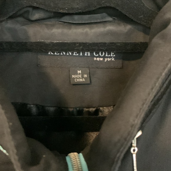 Kenneth Cole peplum style trench with black satin accents with pop of teal - Picture 2 of 5